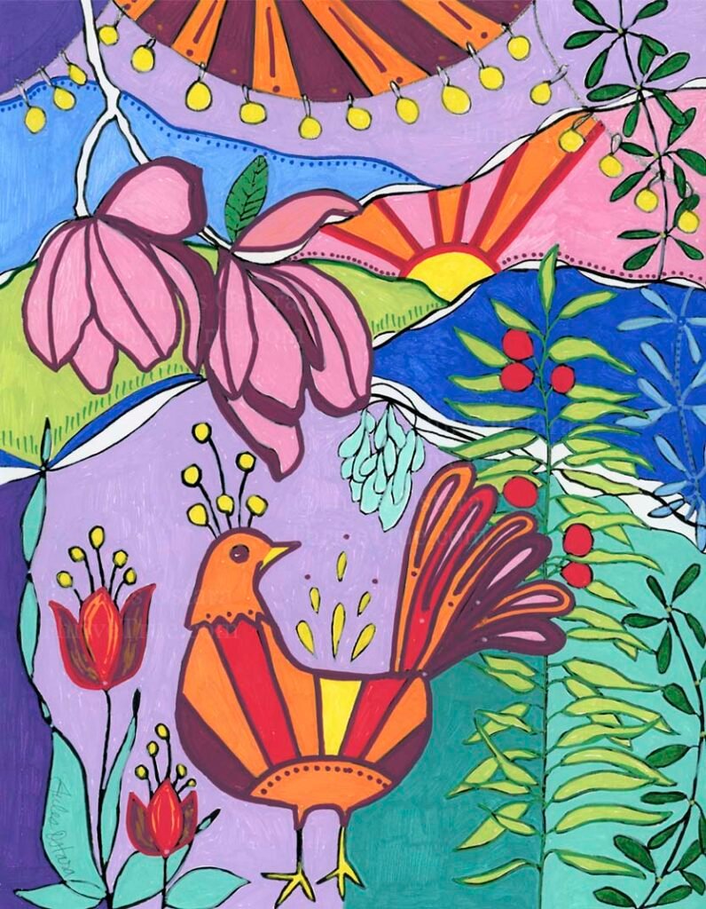 Spring Chicken with Sunrise over the Mountains Coloring Page