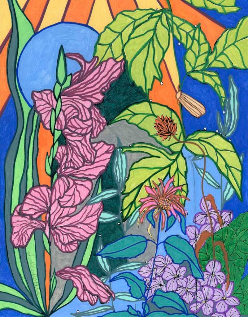 Blue Moon with Gladiolas and Waterfall Coloring Page